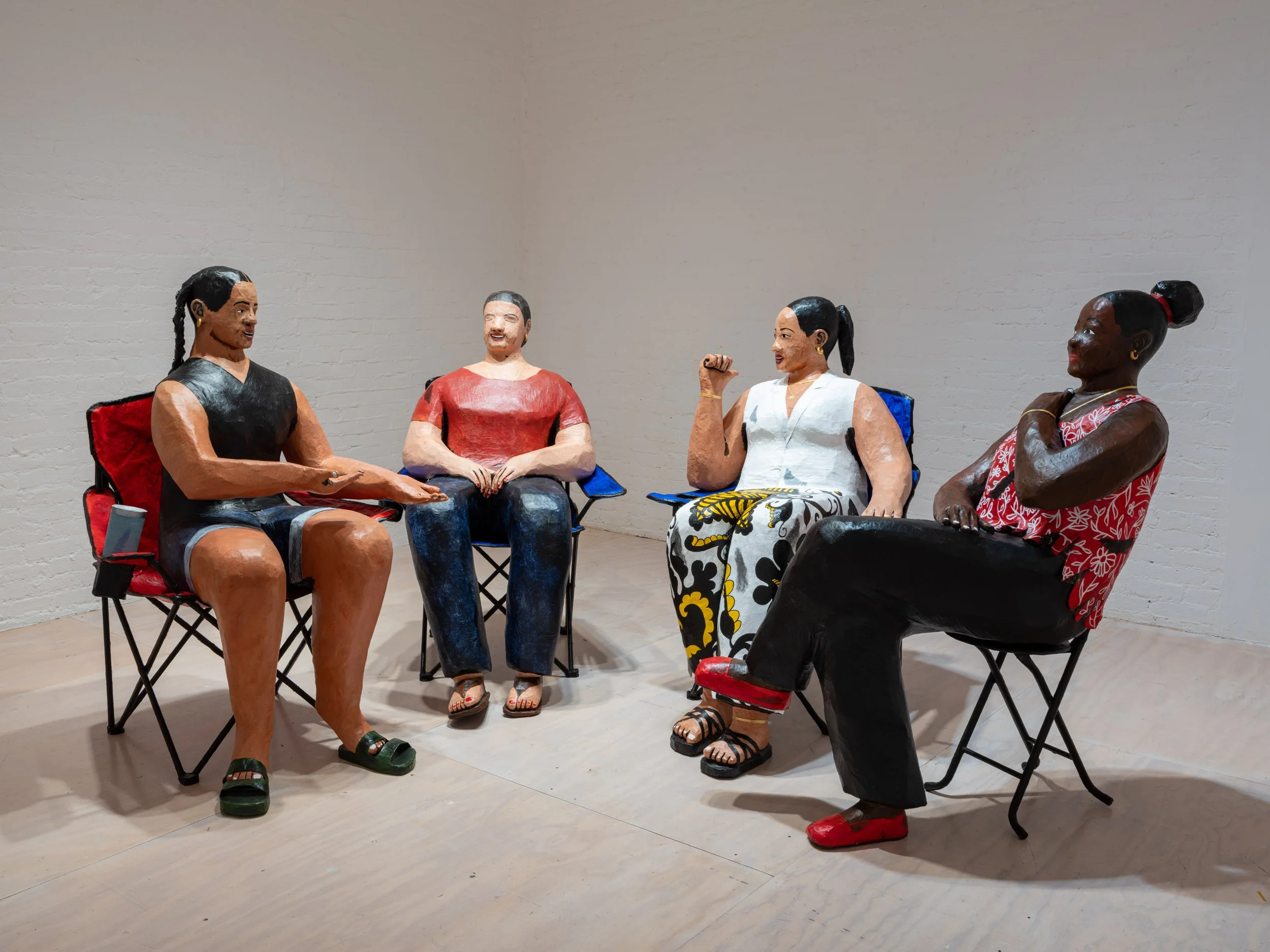 The Council of las Tias (Mary, Milagros, Cinthia, Nereyda), 2026  Papier-mâché, foam, metal and acrylic  51 x 123 x 66 in..jpg