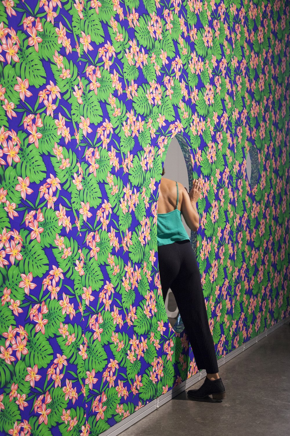 Joiri Minaya, Spandex installation #4, Retornando la Mirada, 2019, spandex fabric, wood beams, zipties, 12 x 22 ft. Casa Quien booth at ArteBA Art Fair, courtesy of Casa Quien Gallery photo by Catalina Romero (3) (smaller).jpg