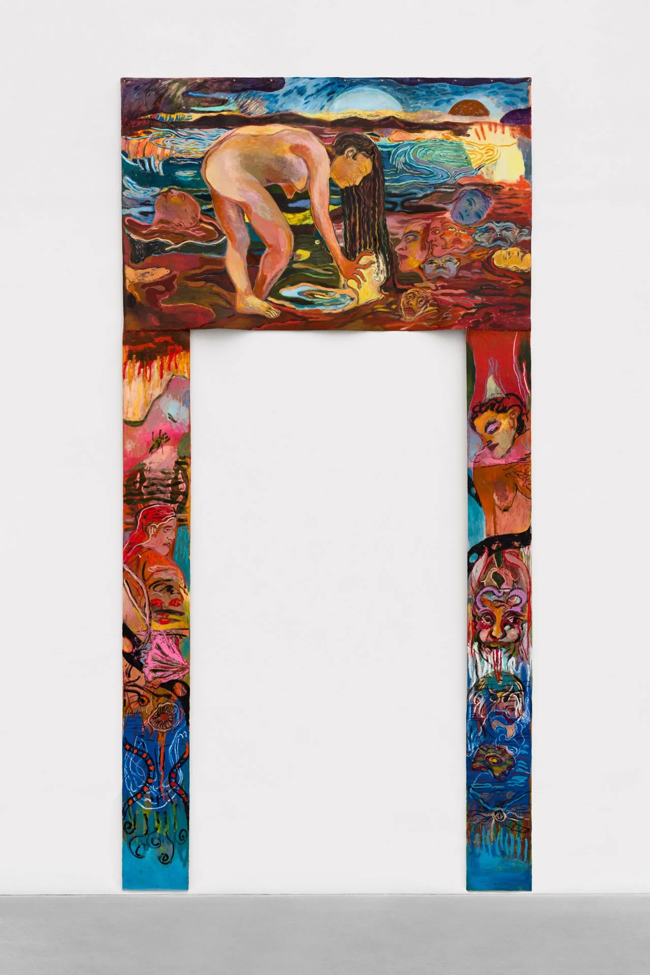 The lake. Oil, charcoal and sewing on canvas. 440x220cm.jpg