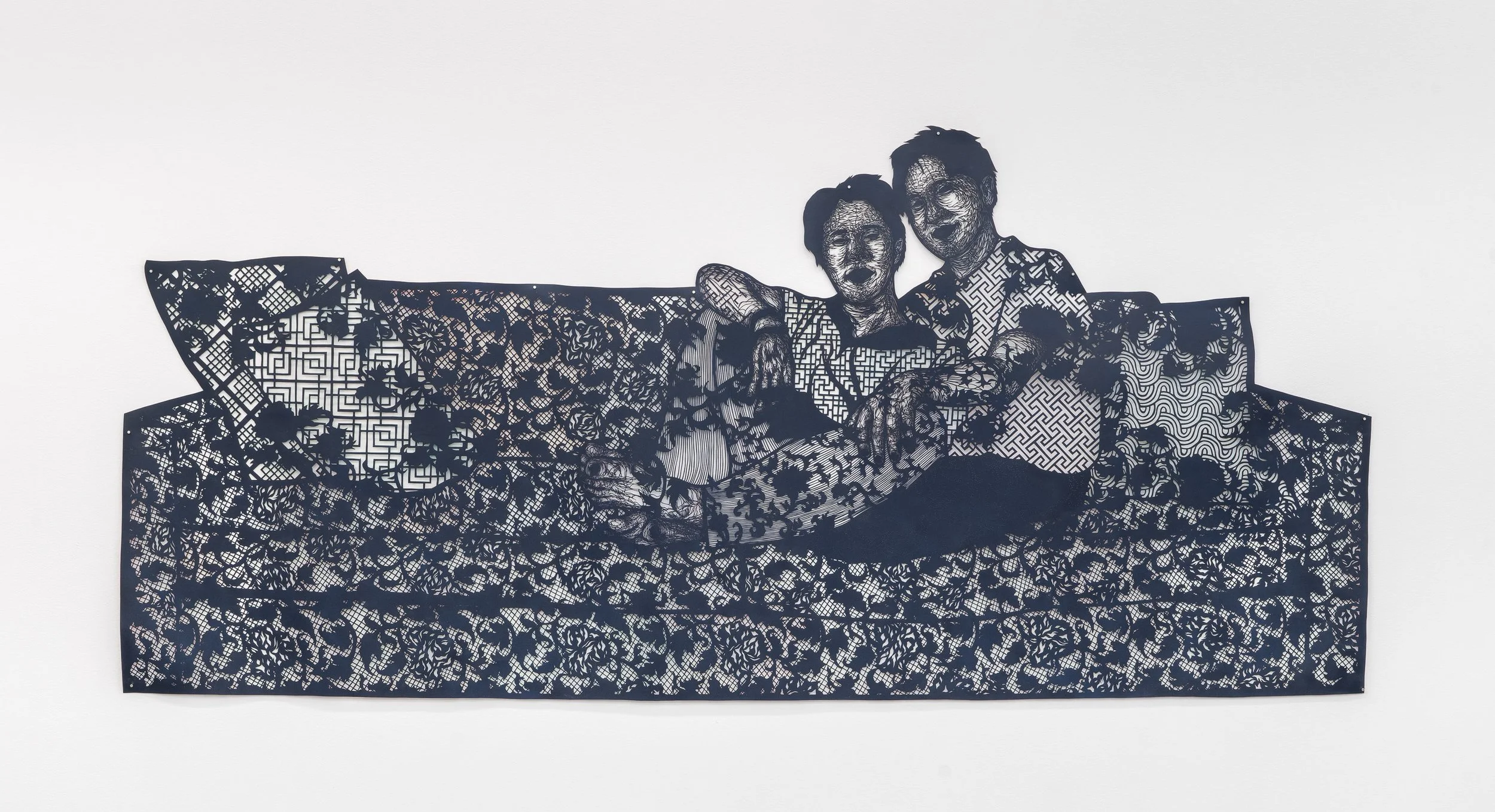 he work of love becomes its own reasons, 2023, 52 x 112 in, hand cut paper, ink, and paint.JPG