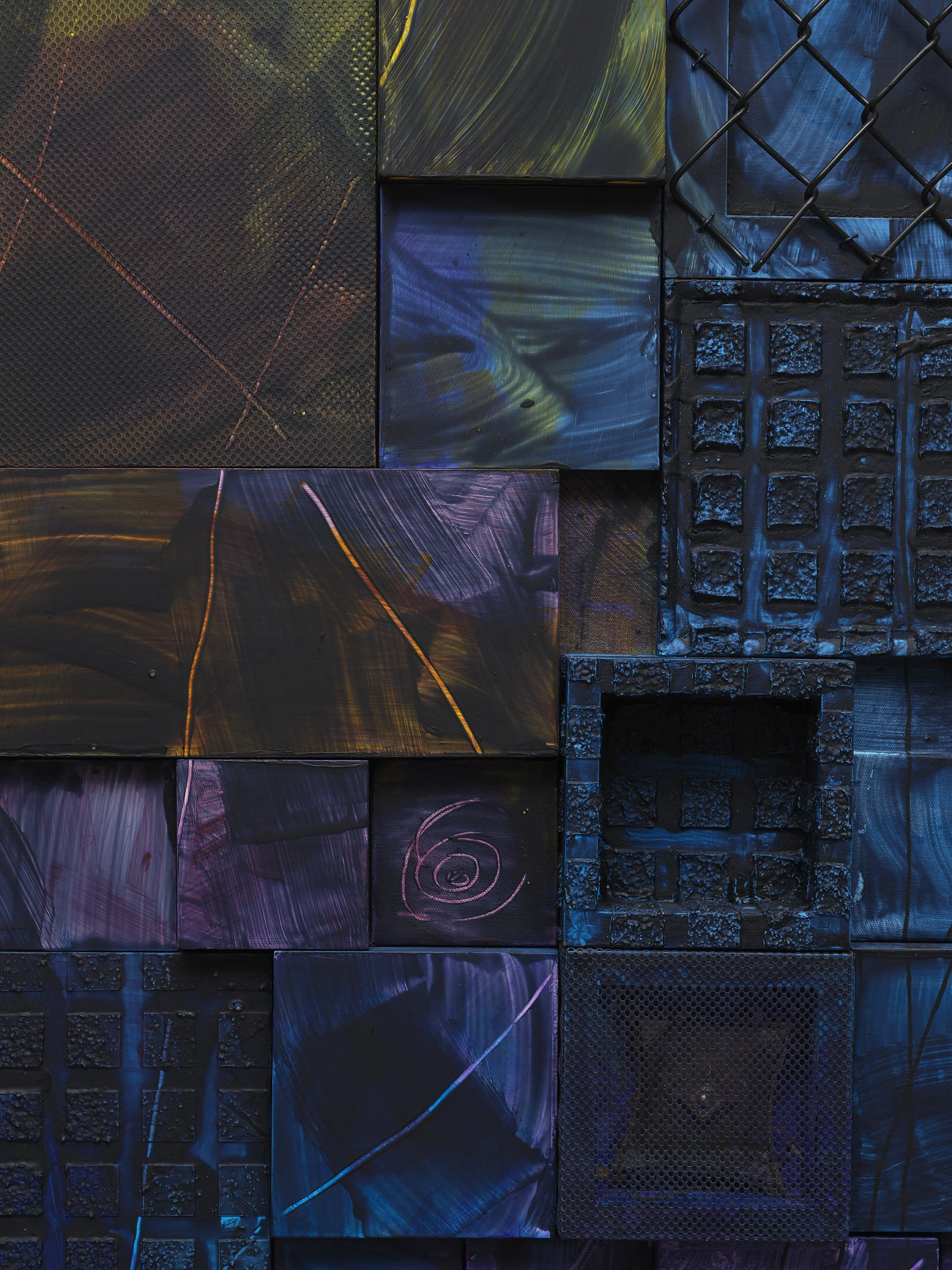 Scramble for the Skies, 2024, 57.5 x 45.5 x 3 inches, Acrylic, canvas, ceramic, brass, chain-link-fence (detail image).jpg