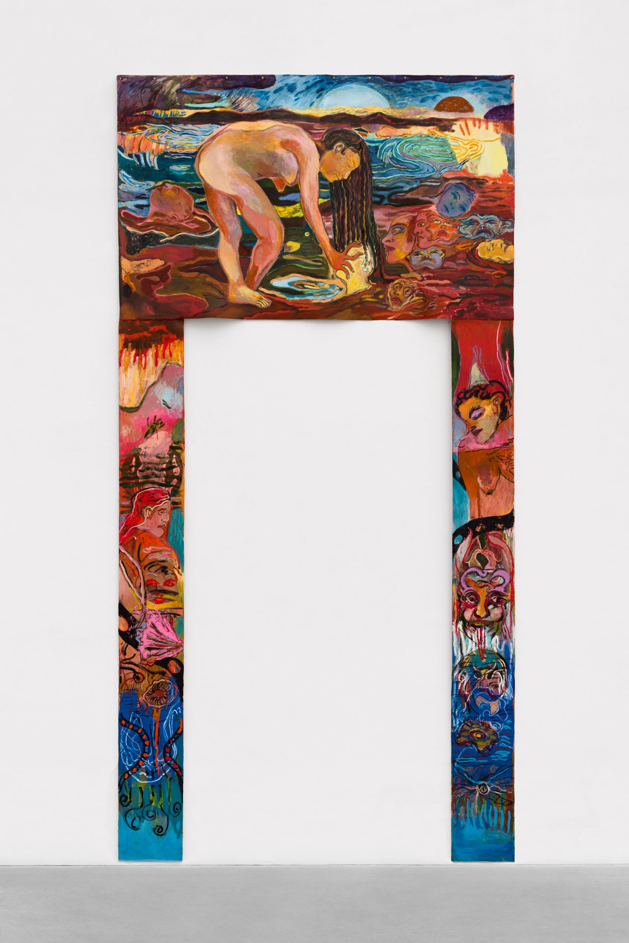 The lake. Oil, charcoal and sewing on canvas. 440x220cm.jpg