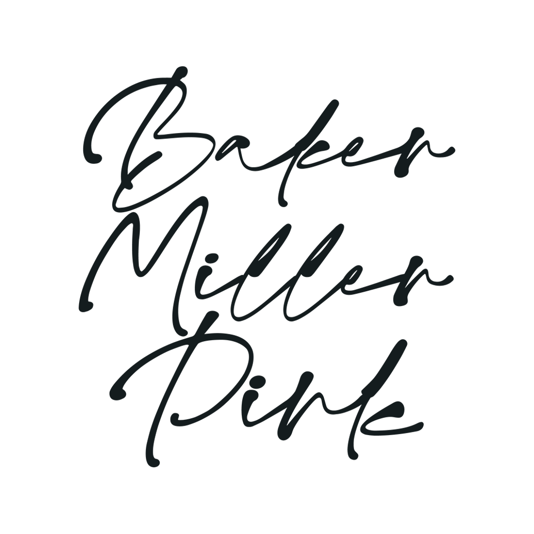 Text saying 'Baker Miller Pink' in dark handwritten script on a black background.