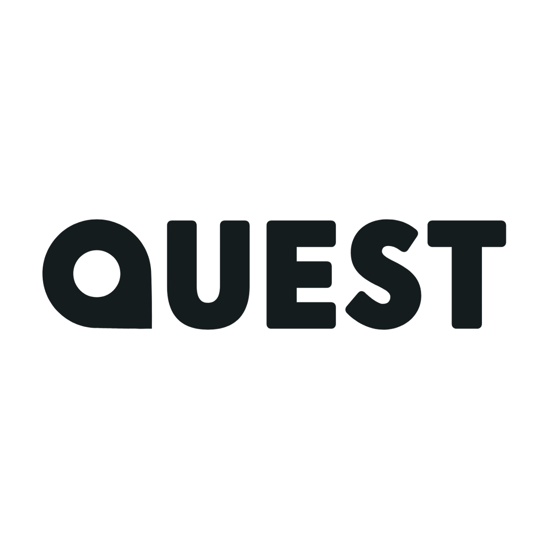 Logo for the game Quest with a spaceship and moon graphic above the word 'QUEST' in bold black letters.