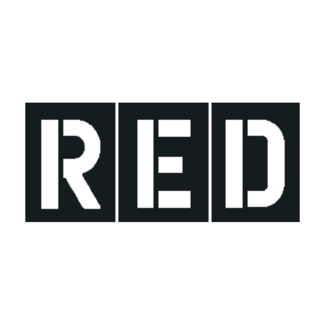 Black and white image with the word 'RED' displayed in large block letters, each letter enclosed in a separate square.