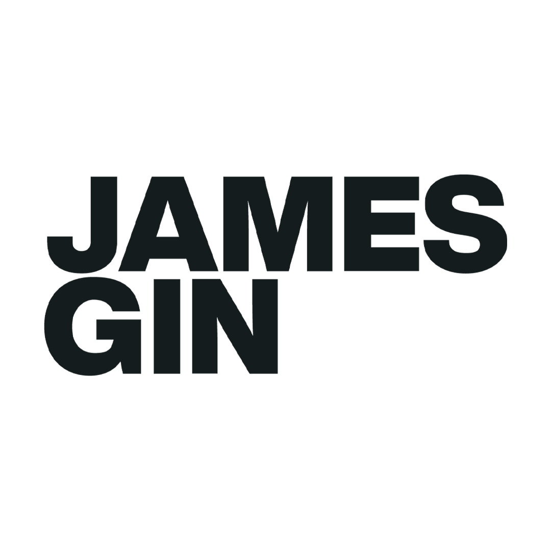 Text on a black background reads 'JAMES GIN' with large bold letters.