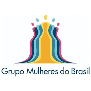 Logo for Grupo Mulheres do Brasil featuring colorful abstract women figures and water droplets above.