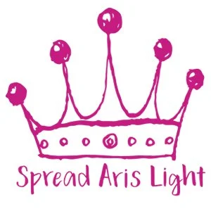 A hand-drawn pink crown with five rounded points, each topped with a circle, and the words 'Spread Aris Light' written below.