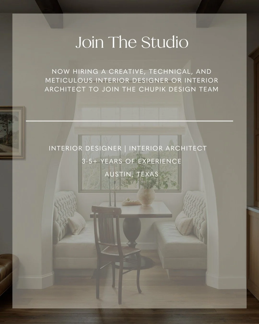 Join the studio!

We&rsquo;re seeking a talented Interior Designer or Interior Architect to collaborate closely with the Principal on projects from concept to installation. This role involves space planning, CAD and SketchUp drawings, sourcing furnis
