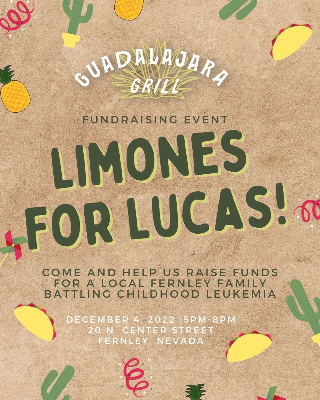 A local Fernley family needs our help! The Walkers have been through so much as of late, and we&rsquo;d like to help ease the financial burden. Come by Guadalajara Grill Sunday December 4th between 5pm and 8pm where we will be donating 50% of all pro