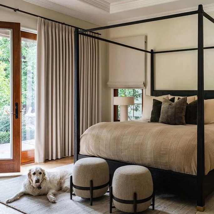 We love canopy beds! This year we&rsquo;ve been able to install a few great ones. They help fill the empty visual space in a larger bedroom, and really ground and anchor the bed wall. 😴 
.
.
.
.
.
.
#canopybed #beddesign #bedroomdesigninspo #interio