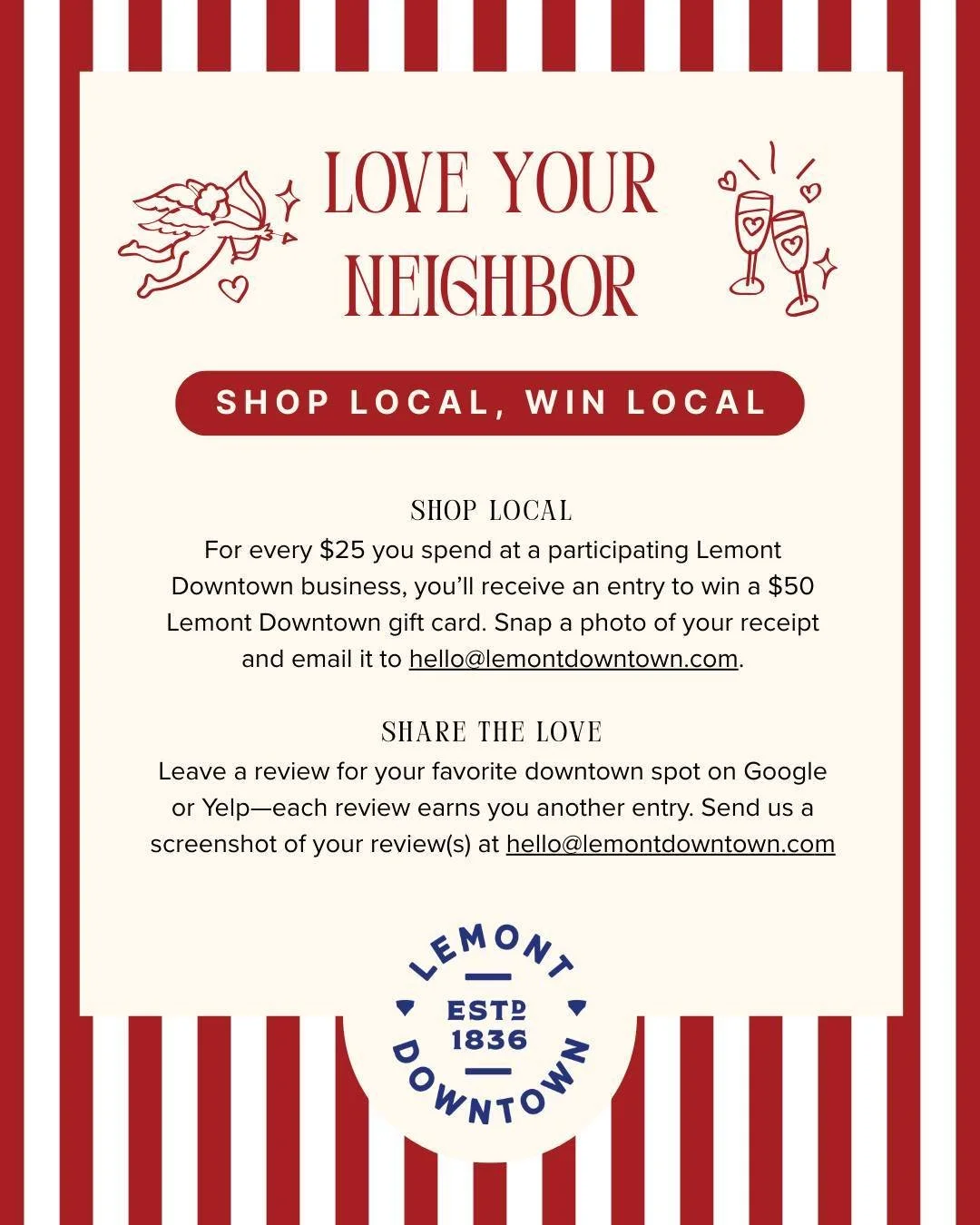 This February, show some love to the places that make Lemont feel like home 💖 You know that feeling&mdash;walking into your favorite shop and the owner knows your name, grabbing coffee, and running into a neighbor. That's Lemont love.

From now thro