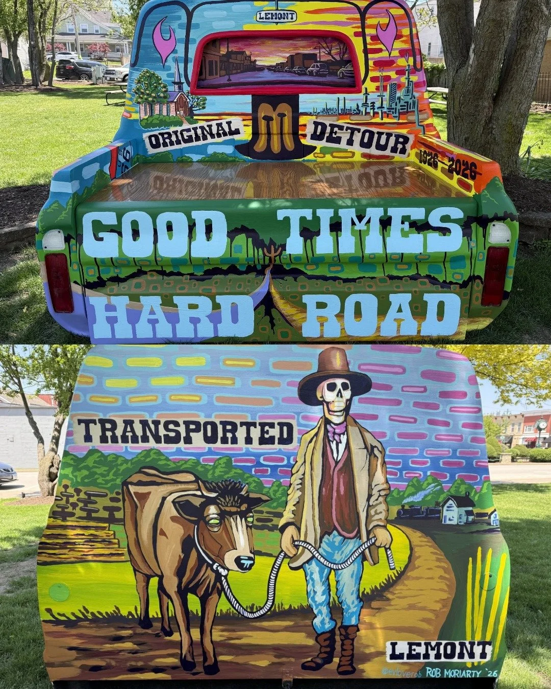 Did you know Route 66 originally passed through Lemont before being realigned in 1928?

Stop by the car show tonight (June 10) to see Lemont&rsquo;s custom Route 66 bench, created by local artist @evloverob and meet the artist! The 1972 Chevrolet ben