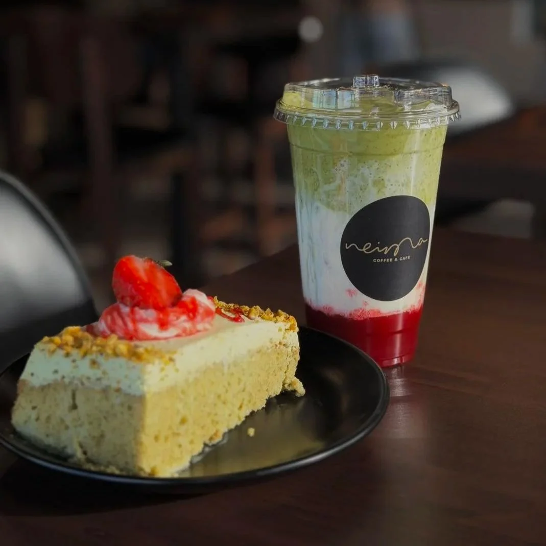 A photo of a dessert and matcha at Neima Coffee & Cafe in Lemont Downtown, Illinois.