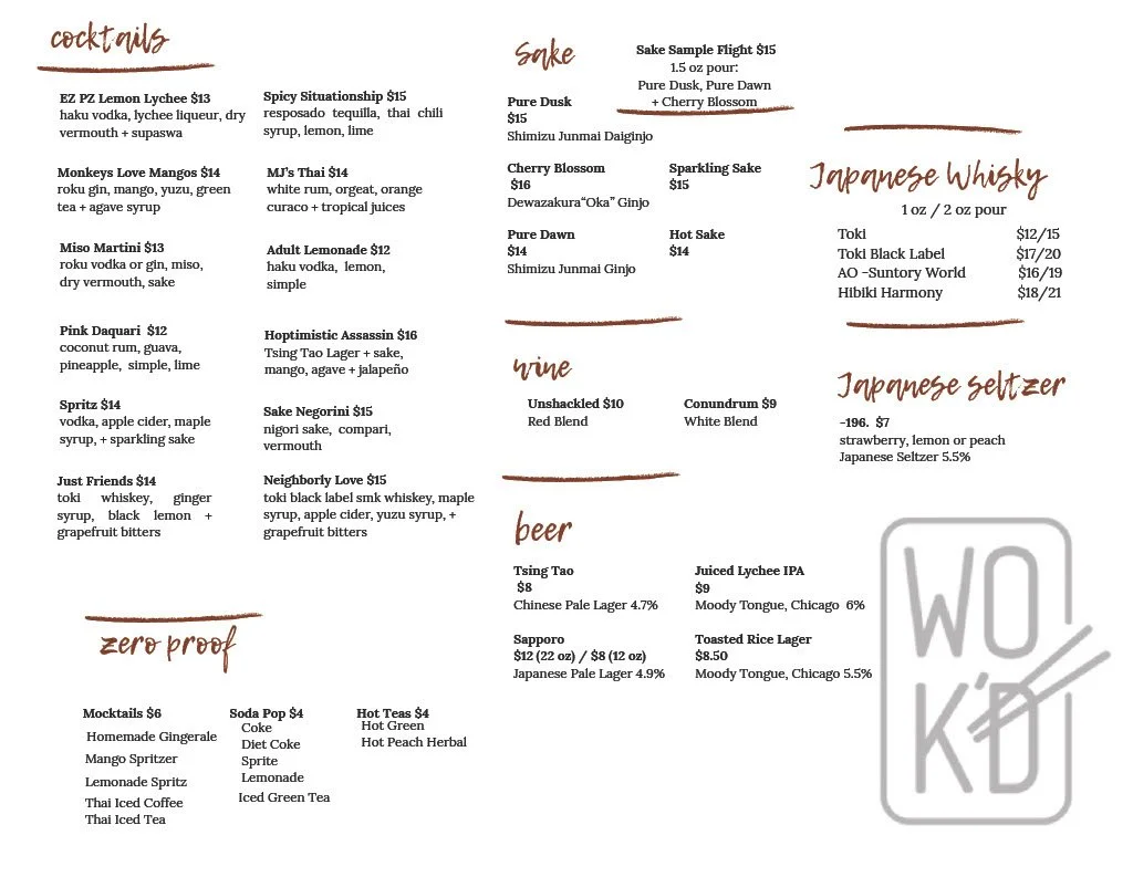 A photo of the Wok'd Spring 2026 menu. Wok'd is located in Lemont Downtown, Illinois.