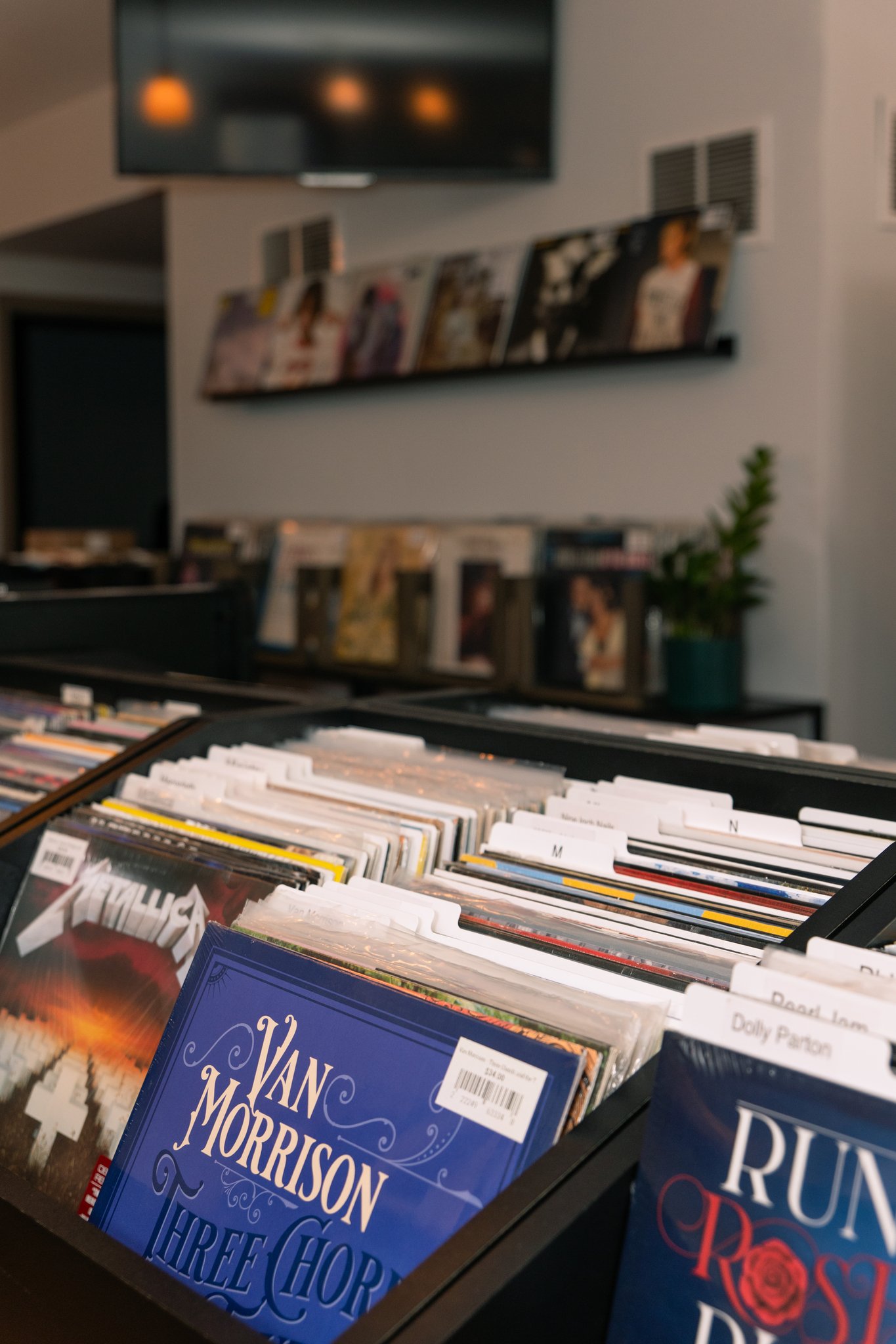 A photo of B-Side Records/Moose Vinyl, located in Lemont Downtown, Illinois. Records in the image include vinyl albums from Metallica and Van Morrison.