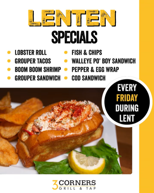 A poster highlighting the menu specials available on Fridays during Lent at 3 Corner Tap & Grill.