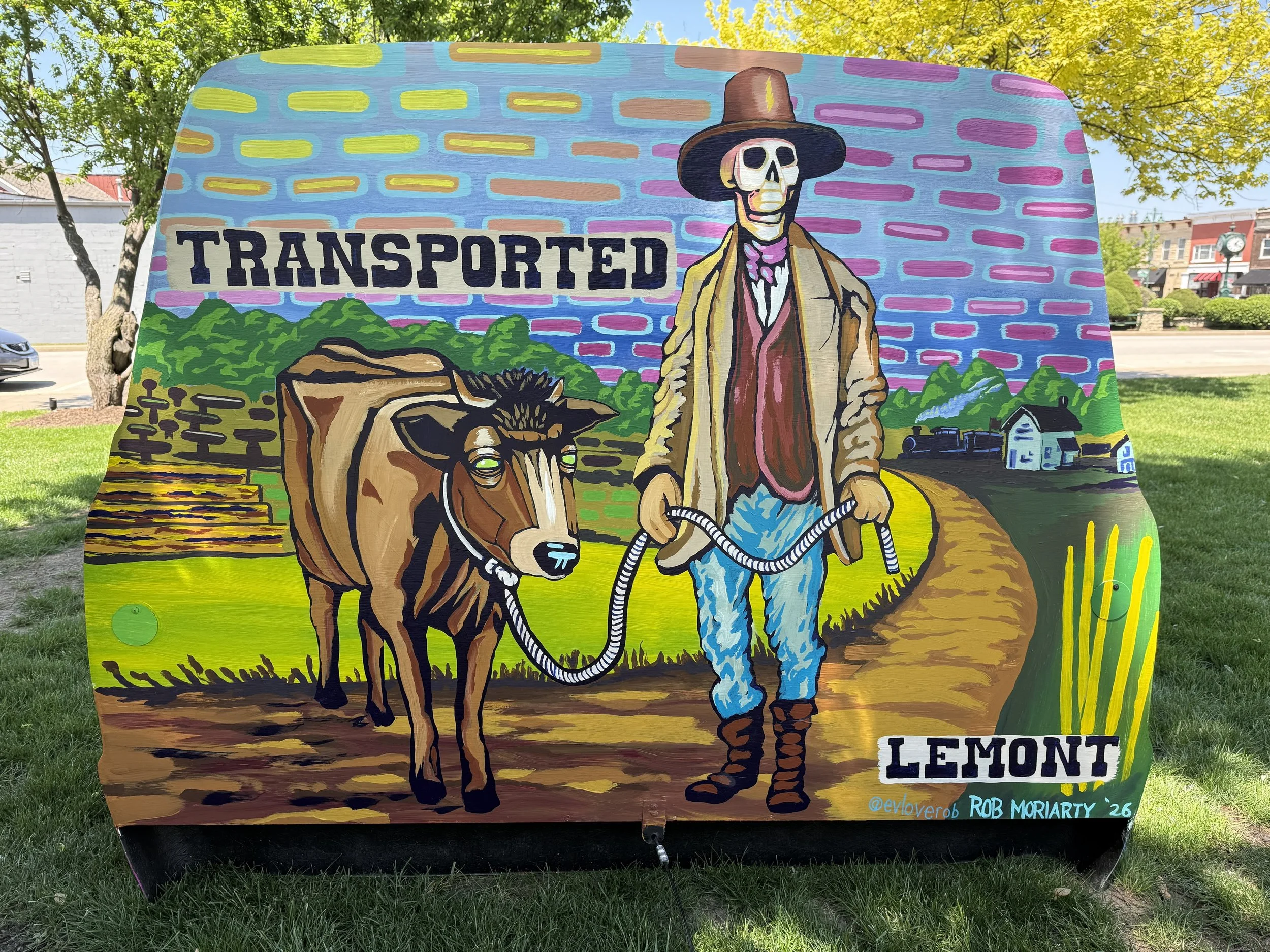 An art installation celebrating the Route 66 centennial located in Lemont Downtown, Illinois. Rob Moriarty, a local artist and educator, designed the bench.