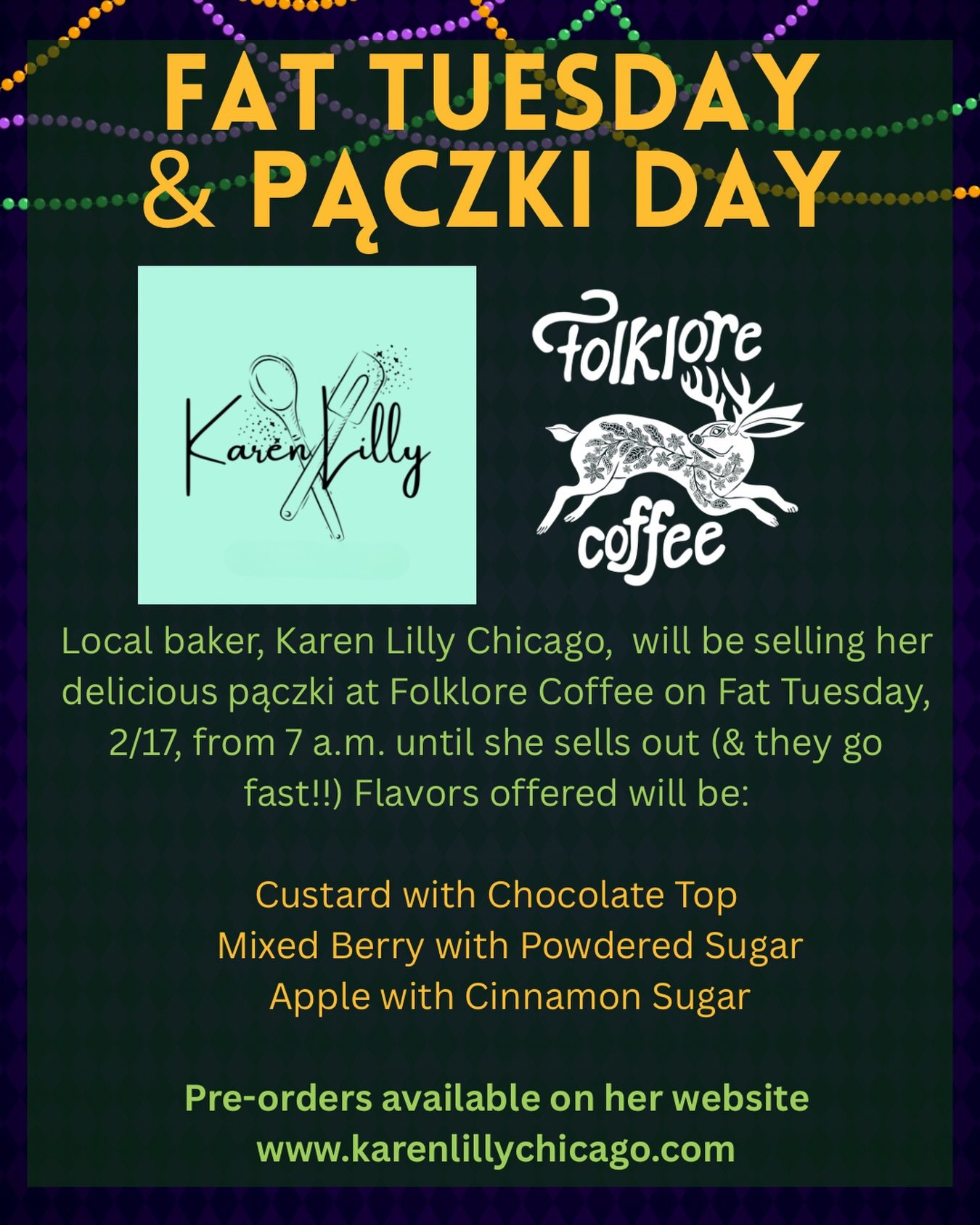 A poster highlighting that Karen Lilly will be doing a paczki pop-up at Folklore Coffee on Tuesday, February 17 in Lemont Downtown, Illinois.
