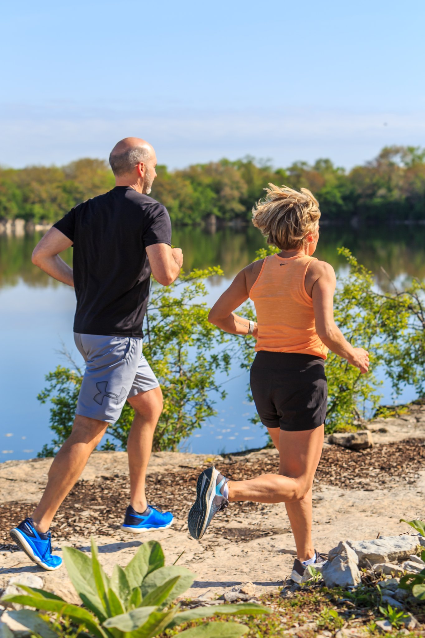 A photo of two runners in Lemont Downtown, Illinois.