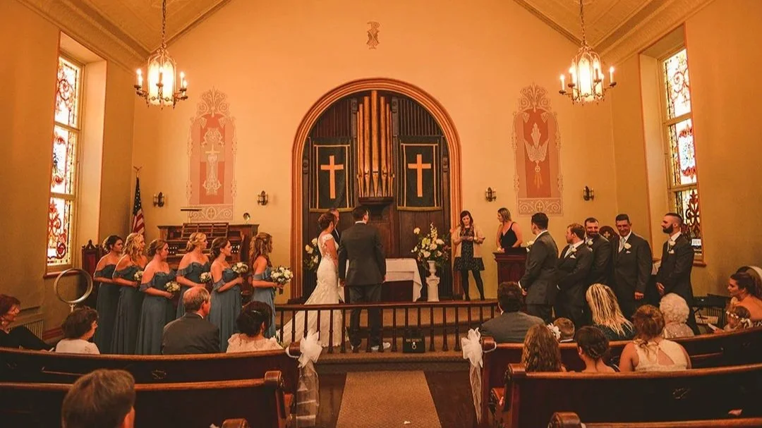 A photo of a wedding ceremony in historic Lemont Downtown.