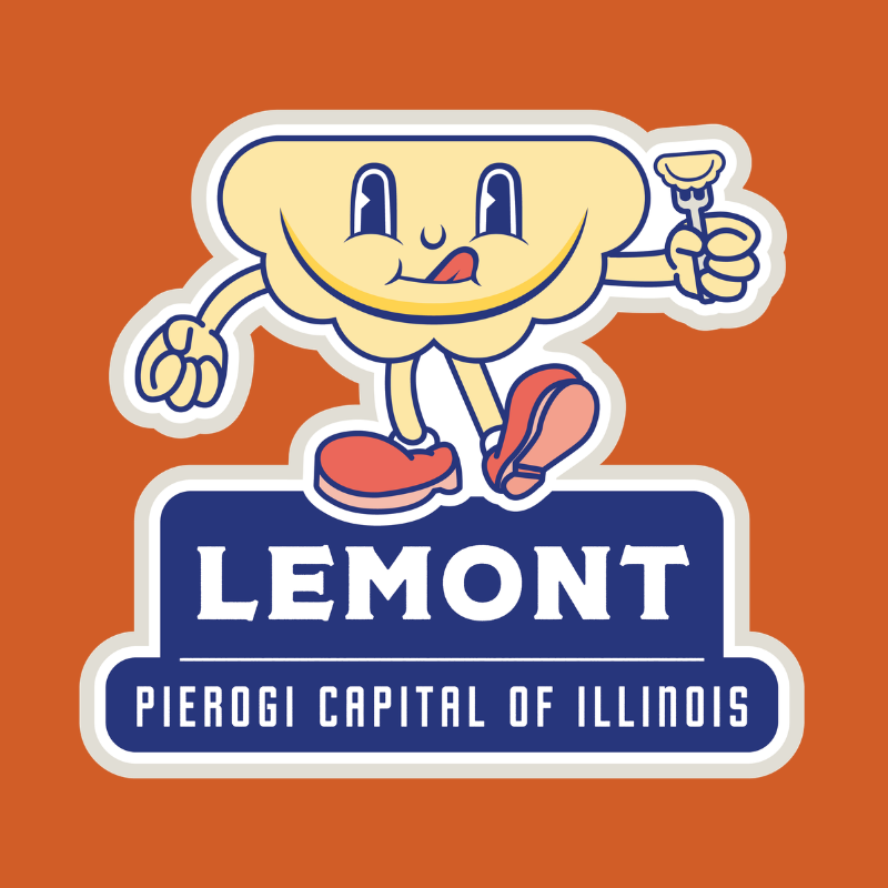 A graphic of a pierogi mascot, with a caption stating Lemont Pierogi Capital of Illinois.