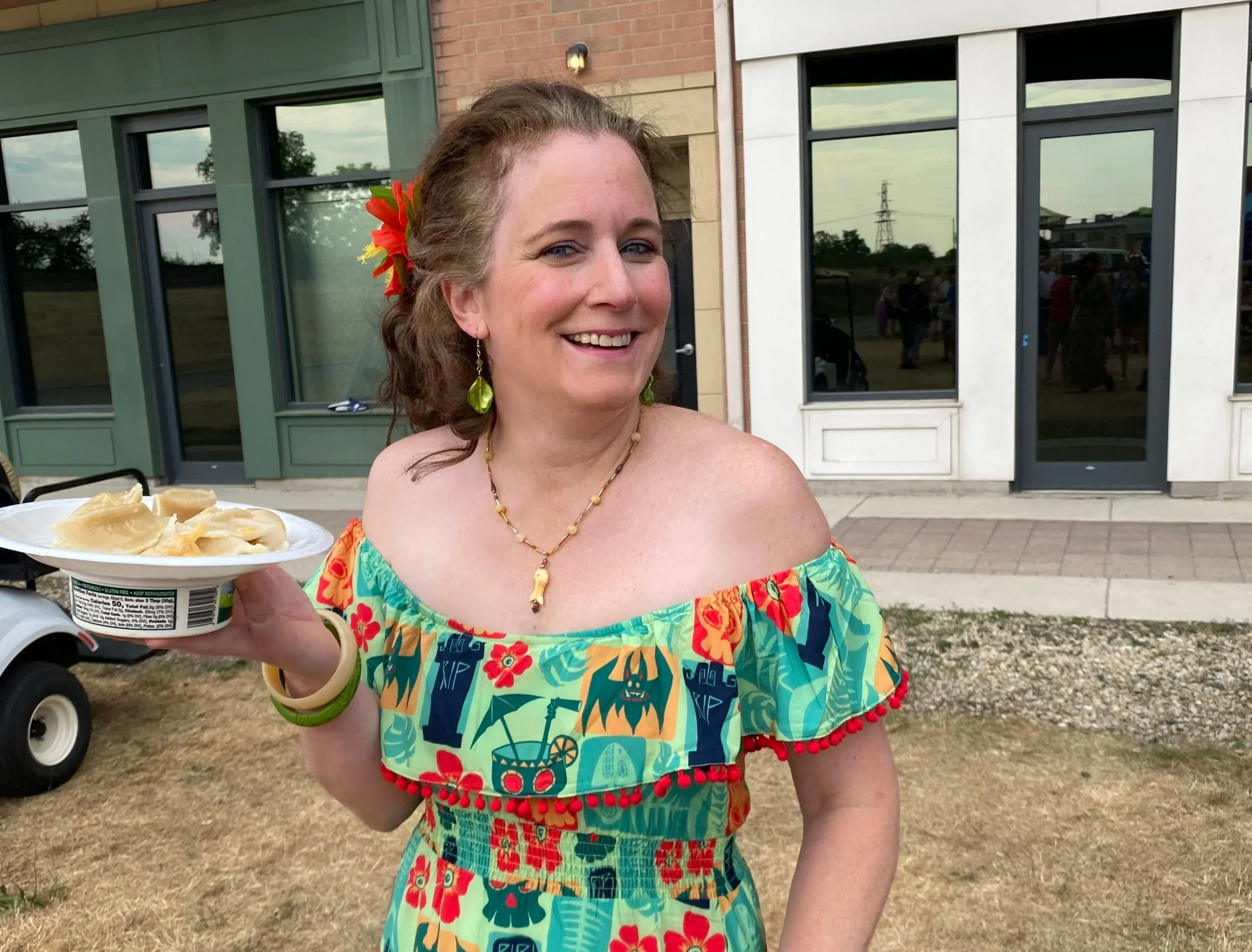 A photo of a pierogi eating contest participant in Lemont Downtown, Illinois.