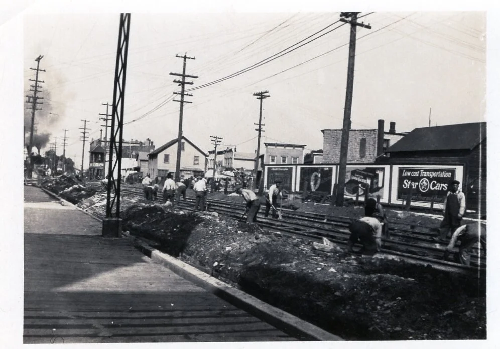 A historic image of railroad workers, connected to Lemont Downtown being a part of the original Route 66.