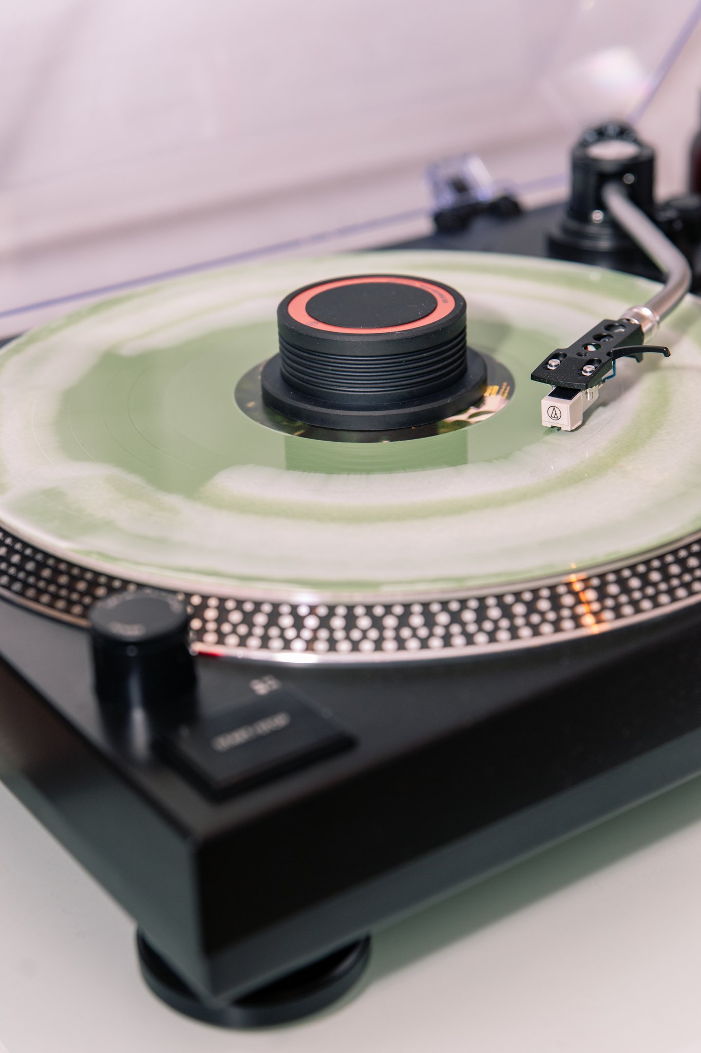 A photo of a record player at B-Side Records/Moose Vinyl, located in Lemont Downtown, Illinois.