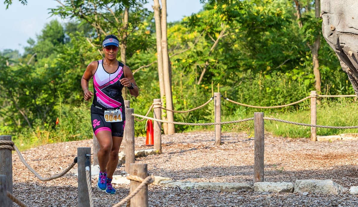 A photo of a runner participating in a triathlon in Lemont Downtown, Illinois.