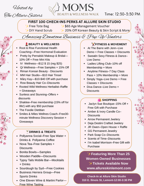 A poster of the participating businesses and vendors for the 2026 Beauty & Wellness Walk in Lemont Downtown, Illinois.