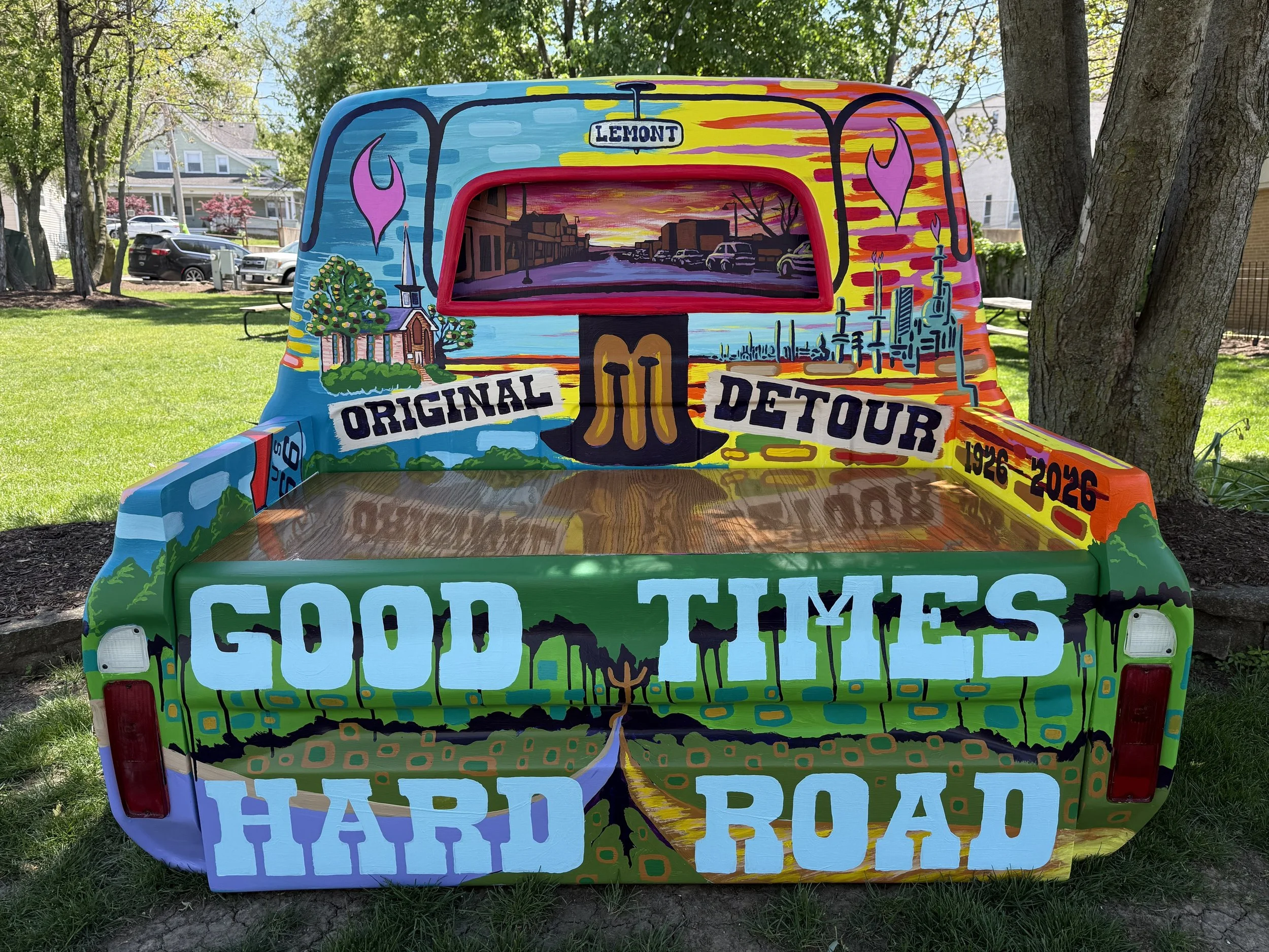 An art installation celebrating the Route 66 centennial located in Lemont Downtown, Illinois. Rob Moriarty, a local artist and educator, designed the bench.
