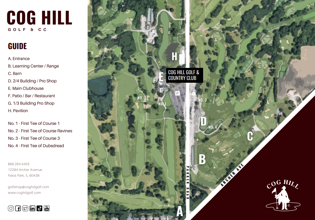 A map of Cog Hill Golf & Country Club, detailing its 4 courses. Cog Hill is in Palos Park, near Lemont, Illinois.