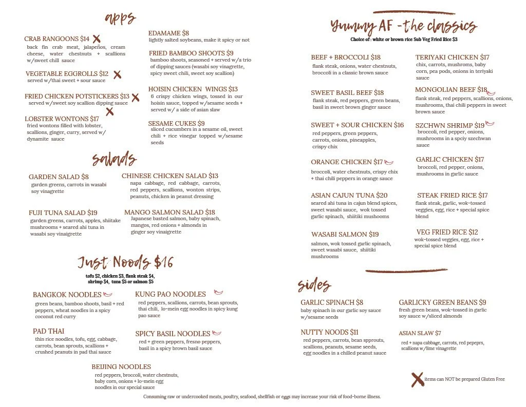 A photo of the Wok'd Spring 2026 menu. Wok'd is located in Lemont Downtown, Illinois.