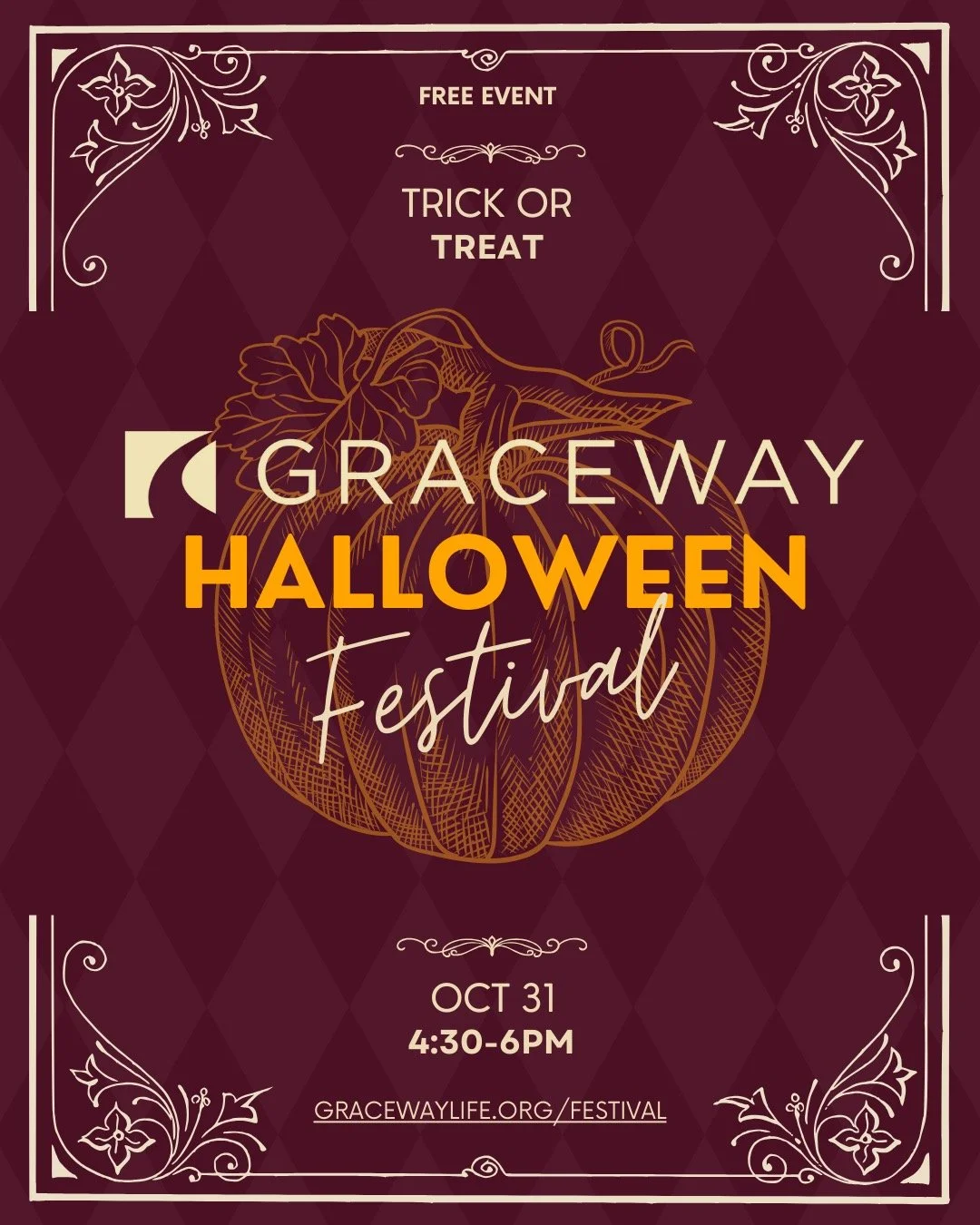 Mark your calendars: on Friday, October 31, we invite families from the community to trick or treat, play games, and eat great food for a free, safe and fun Halloween event. For more information, visit gracewaylife.org/festival