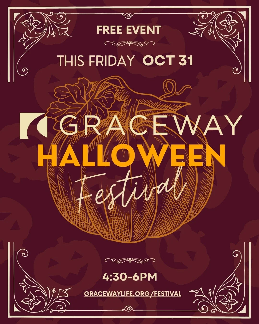 Join us today, October 31! 

We invite families from the community to trick or treat, play games, and eat great food for a free, safe and fun Halloween event. 

Visit gracewaylife.org/festival for more information.