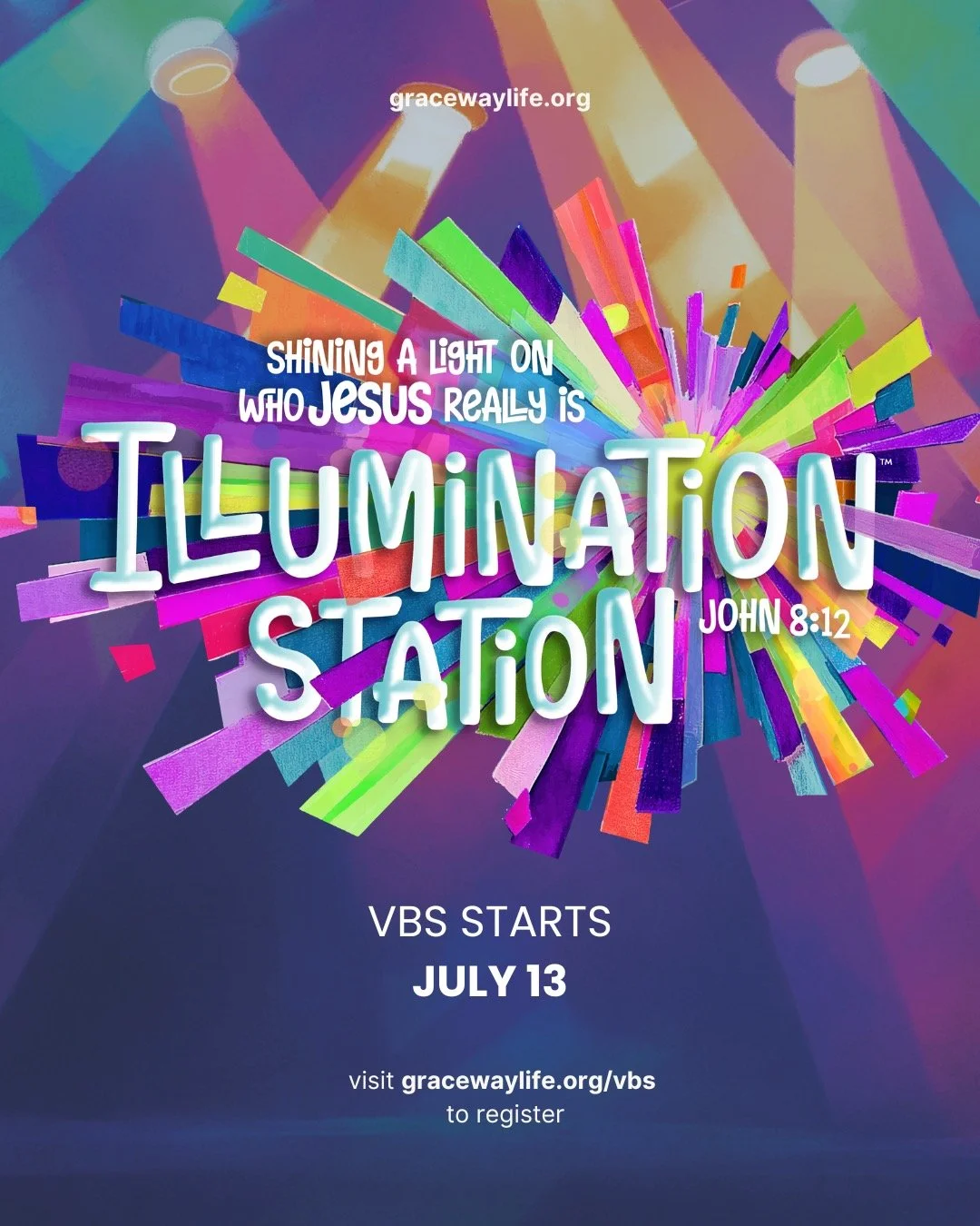 2026 VBS Illumination Station 
July 13-17, 8:45am-12pm

All kids, preschoolers (3 years of age and potty-trained) through rising 6th graders are invited to Illumination Station VBS this summer. Kids will have so much fun answering the question Jesus 