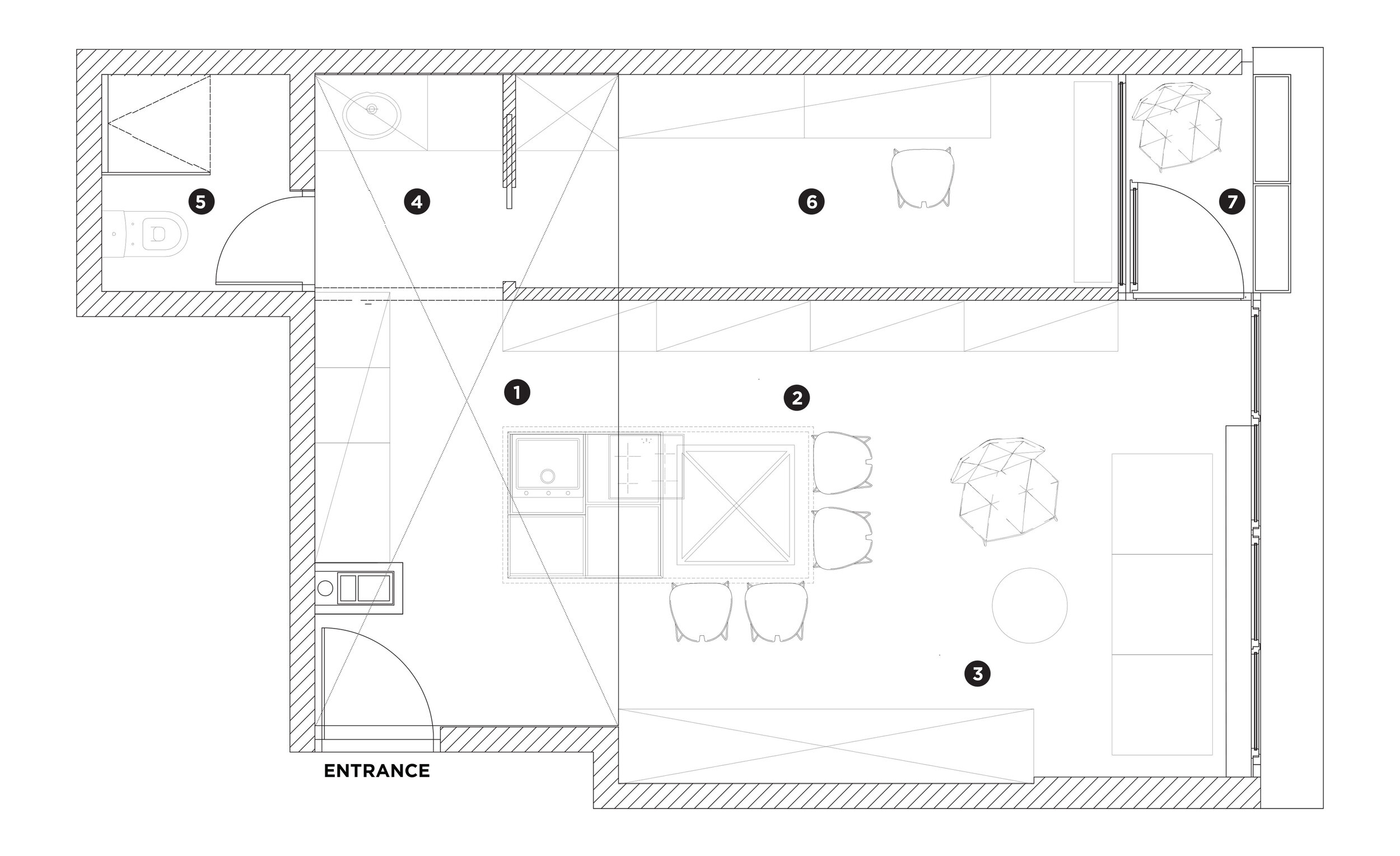 Balancero Coffee Shop  / Furniture FloorplanKitchen Area   2. Dinning Area   3. Living Room   4. Beauty Nook    5. Bathroom   6. Study   7. Terrace