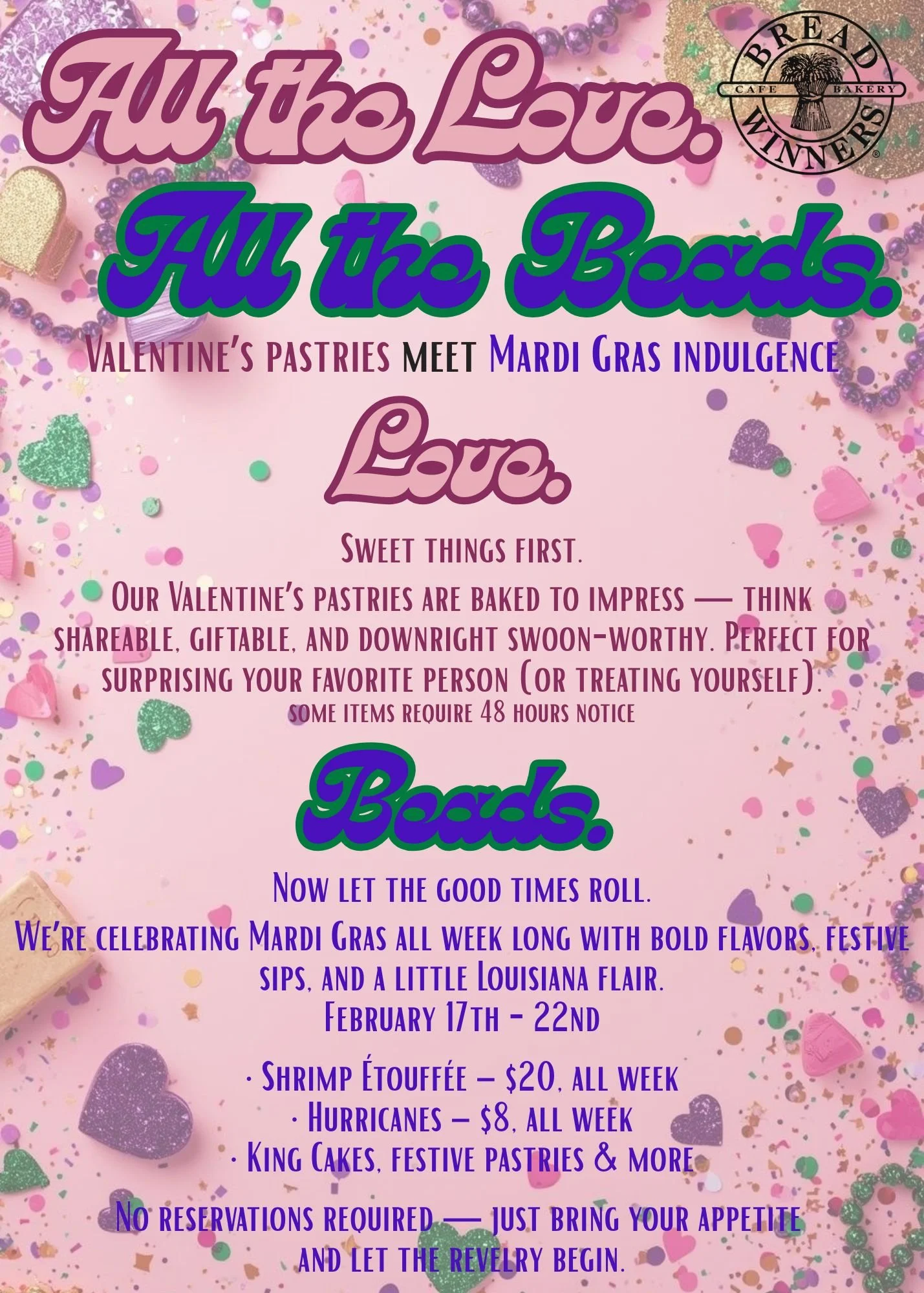 valentines day, mardi gras, Fat Tuesday, shrimp etoufee, king cakes, valentines pastries, chocolate covered strawberries