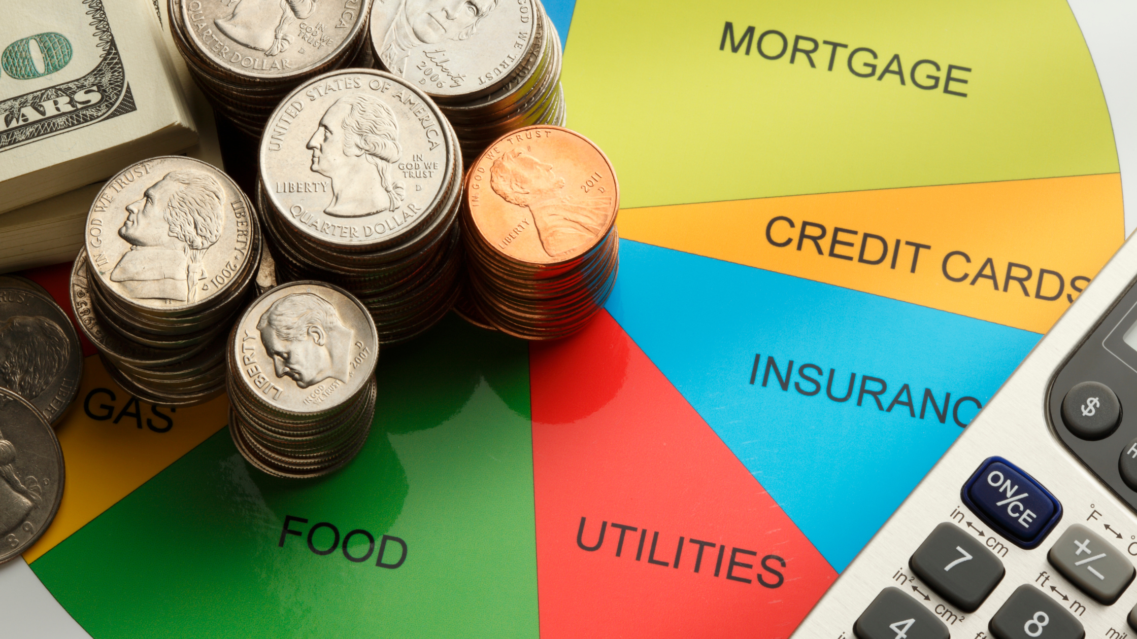 coins, cash, and a list of categories including insurance, food, utilities, mortgage, and credit cards