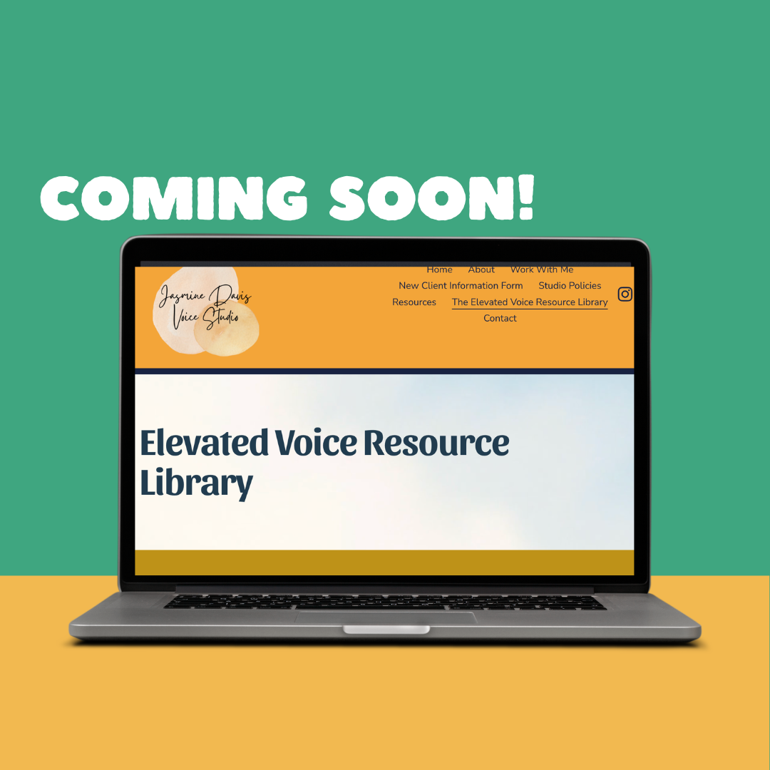 A laptop displaying a webpage for the Elevated Voice Resource Library with the text "Coming Soon!" at the top. The webpage has a logo and menu items.
