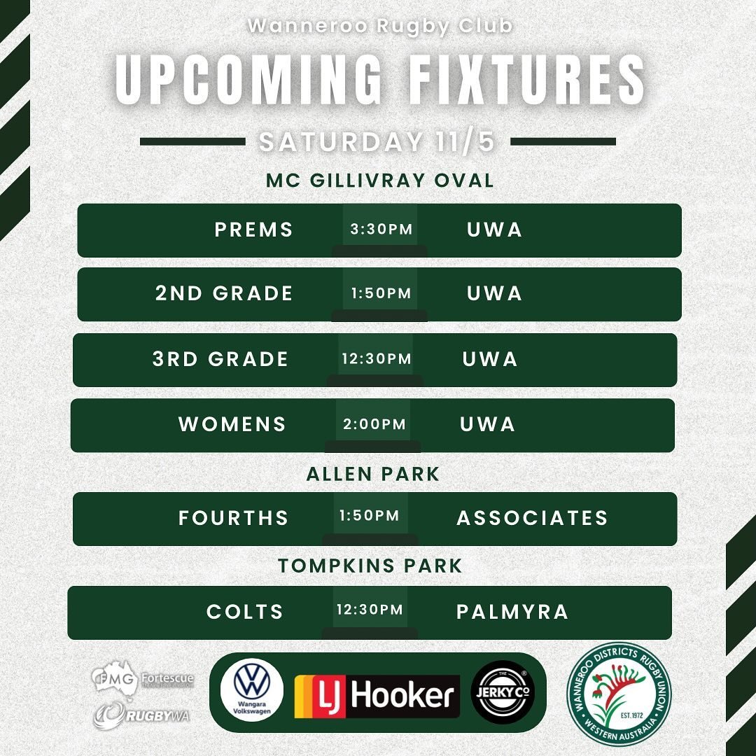 This Saturday catch our Prems, Reserves, Third grade Men and Women&rsquo;s down at UWA - first game kicking off at 12:30pm and games commencing shortly after

Fourth grade men will be at Allen Park kicking off at 1:50pm

Colts boys will be at Tompkin
