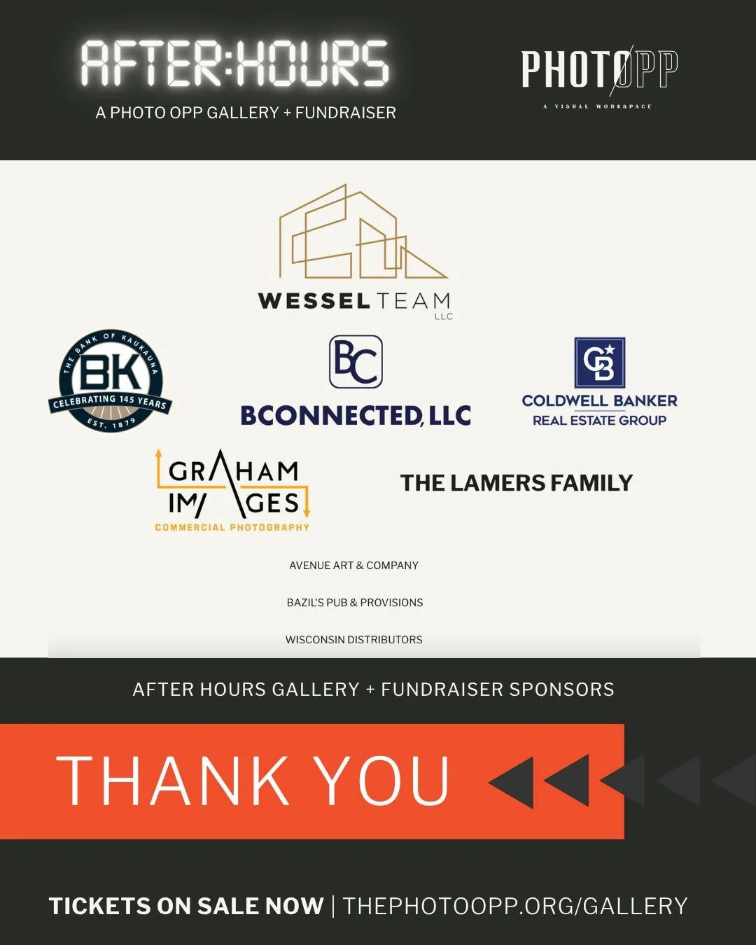 A BIG thank you to our After Hours Gallery + Fundraiser sponsors!

@wessel_team
@bankofkaukauna
@bconnectedllc
@coldwellbanker 
@grahamimages
The Lamers Family

@avenueartandcompany 
@bazilspub
@widistributors 

A heartfelt thank you for making After