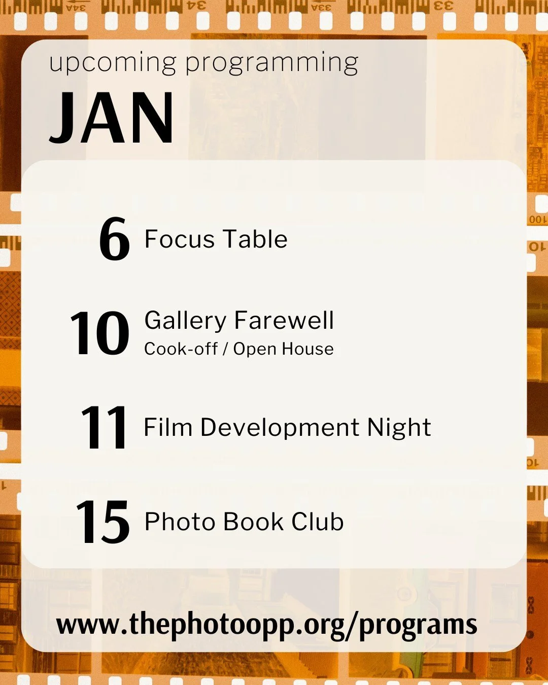 And just like that, it's 2026! Starting it off with fresh programming, creative momentum, and community at Photo Opp. Here's what's up at Opp this month. 

Head to our website for more details or to sign up.

Cheers!