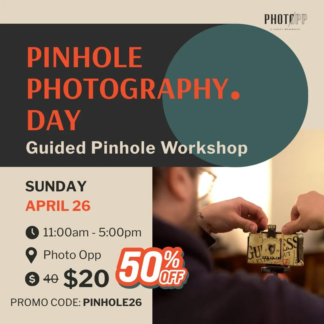 50% off Pinhole Photography Day.

We&rsquo;ve got spots open for this Sunday and want to fill the room!!!

Join us for a hands-on pinhole workshop. Cameras, film, and development are all included, and you&rsquo;ll leave with a contact print from the 