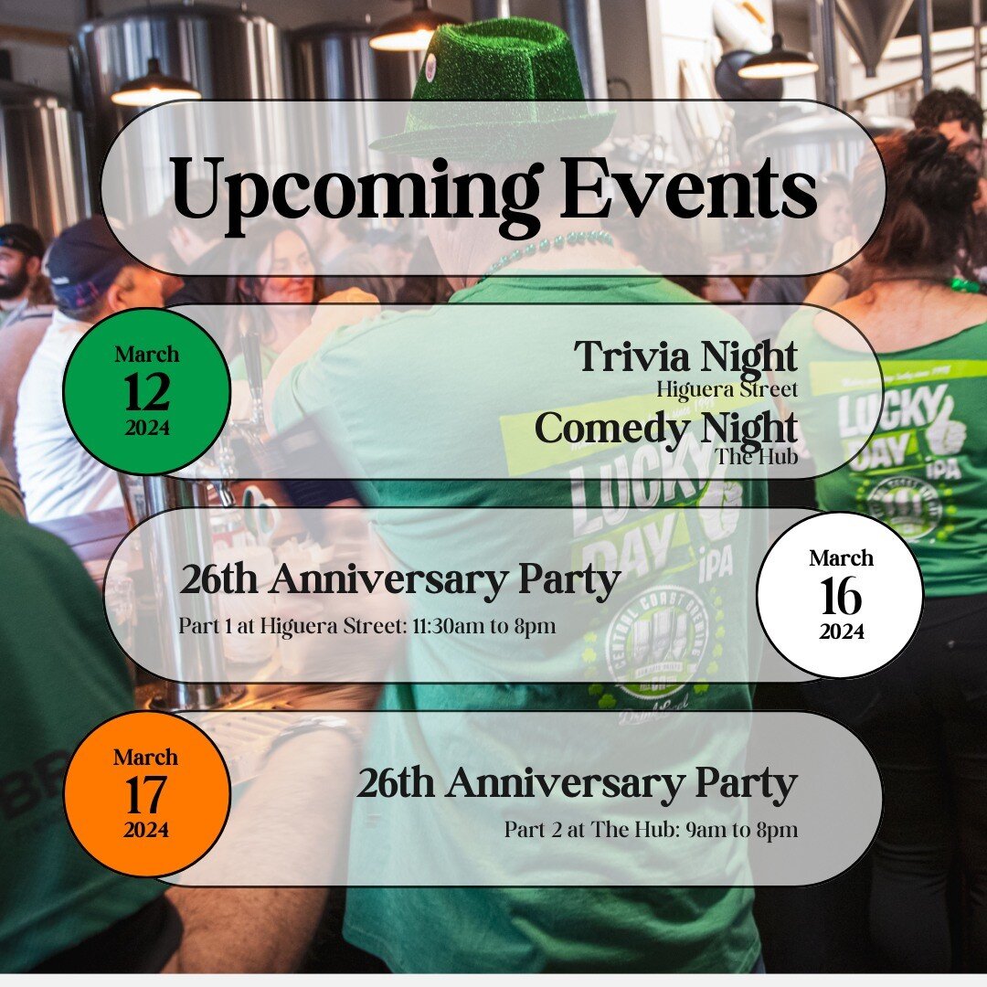 Get ready for an EPIC week ahead! 🎉 Tomorrow kicks off with Trivia Night at Higuera Street and Comedy Night at The Hub. Then, brace yourselves for the start of our 26th Anniversary Party at Higuera Street on Saturday, followed by Part 2 at The Hub o