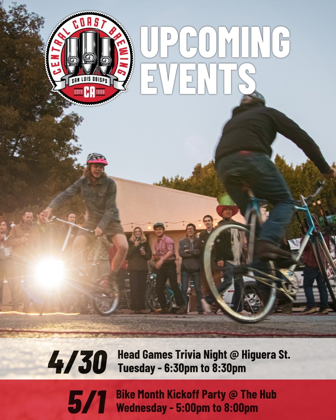 Exciting week ahead! Tonight at 6:30 pm on Higuera Street, join us for Tuesday Trivia Night with @headgamestrivia. Gather your team for a brain-teasing fun-filled evening with great brews and exciting prizes! Then, tomorrow from 5-8pm at The Hub, kic
