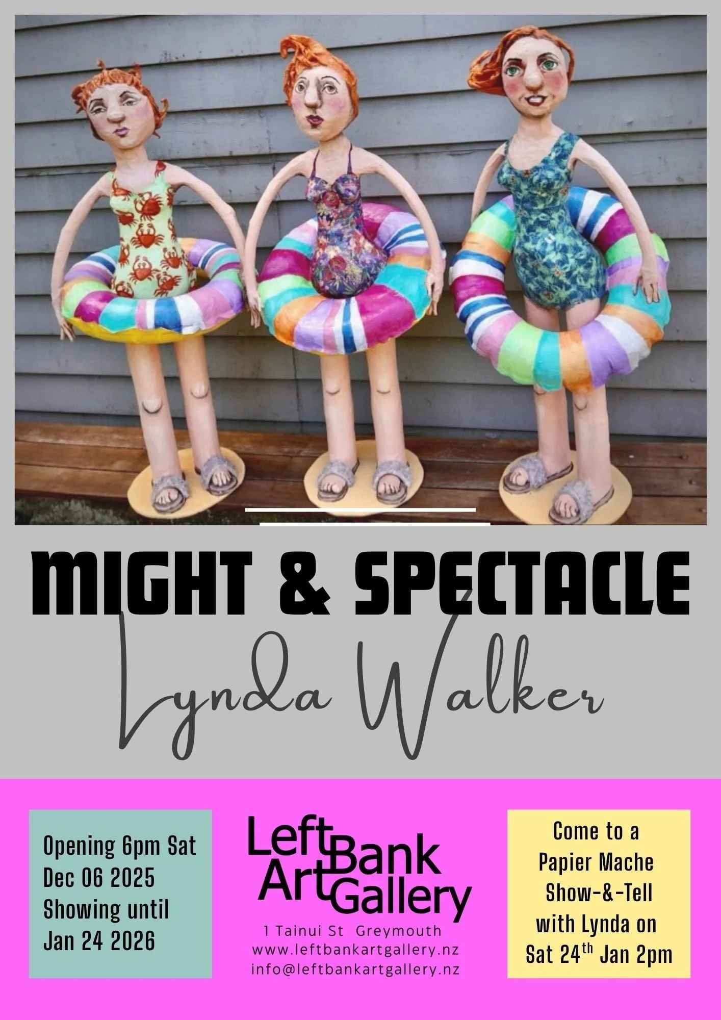 3 paper mache ladies in swimsuits and swimrings