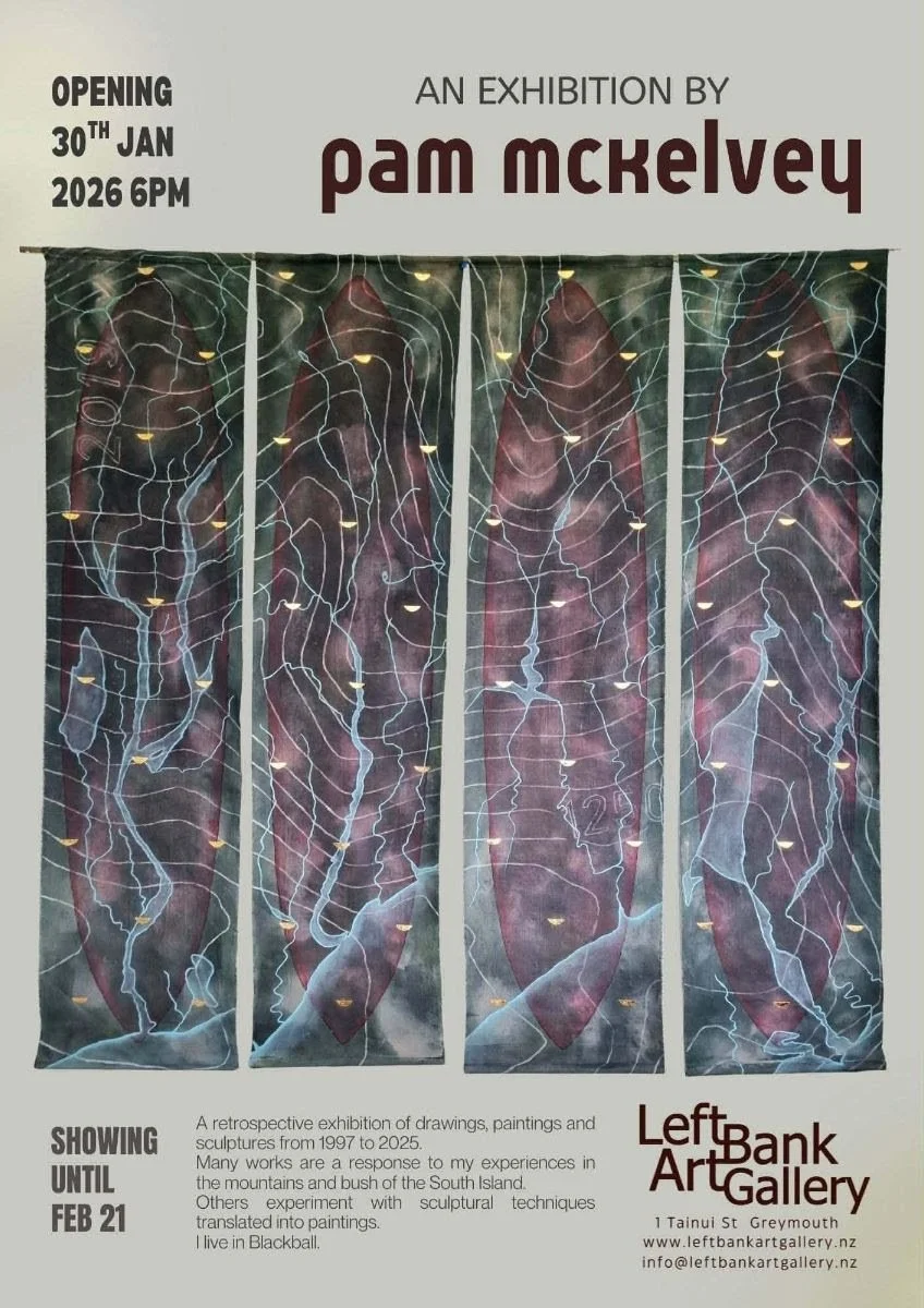 Abstract artwork on a poster advertising Pam McKelvey exhibit