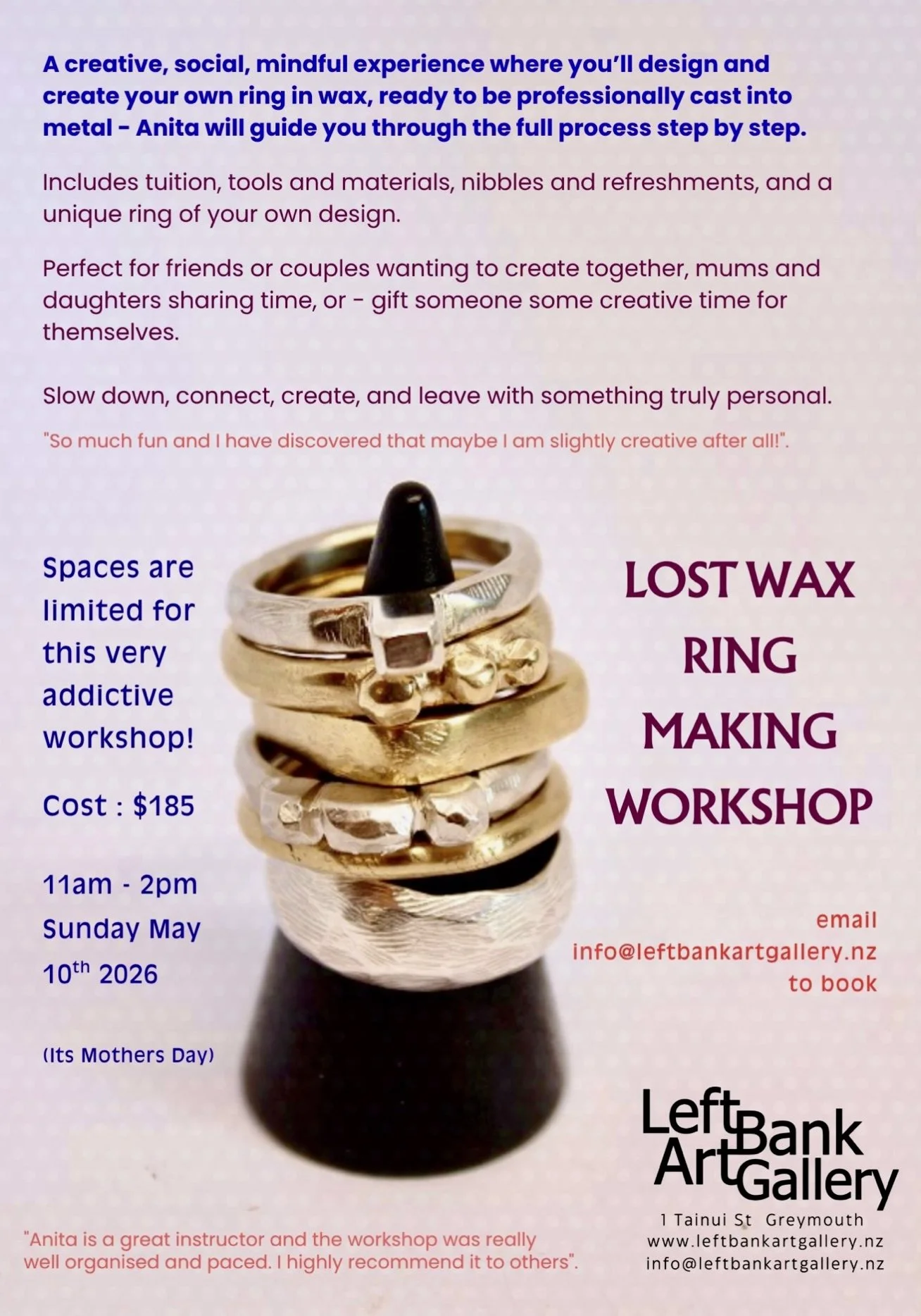 Rings stacked on a finger. Text describing workshop to make a ring.